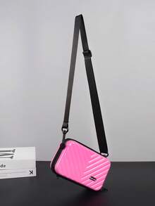 Mini Rhombus Pattern PVC Water-Resistant Hard Shell Shoulder Bag, Casual & Versatile For Men School Supplies - Hot Pink - View 3