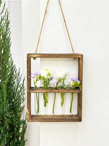 Various Styles Wall-Mounted Test Tube Hydroponics Plant Vase Wooden Hanging Rope Flower Rack Wall Decor Container - Wood Color - View 3