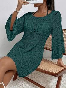 Elegantes, blaugrünes Off-Shoulder Häkelkleid für Damen – Glockenärmel, perfekt für den Strandurlaub, leichter Polyester-Strickstoff, lässiges Sommerkleid | Häkeldesign | Aufwendige Häkelarbeit, Cut Out