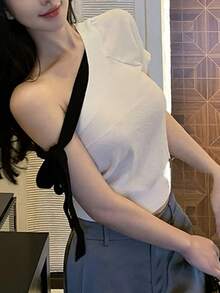 Wool Blend Multi-Tie Retro Chic Slash Neck Knitted Top For Women, Spring - White - View 3