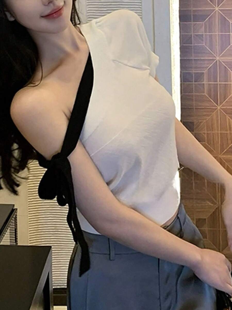 羊毛混纺多领复古时尚斜领针织上衣，女士春季 - 白色 - 查看 1