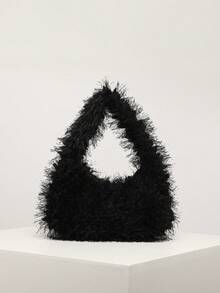 Bolso de hombro de tela lisa larga y corta de peluche de moda - Negro - Ver 2