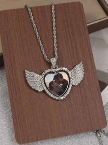 1 pieza Collar personalizado con foto redonda y alas, colgante de foto personalizado, colgante de foto personalizado "Tus alas están listas" para joyería personalizada, regalo de Navidad muy memorable, oro, plata, elegante, colorido, vintage, simple, unisex, casual, lindo, personalizado, único, regalos ideales para él, regalos ideales para ella, ella, novio, novia, papá, mamá, familia, amigos, para aniversarios, para cumpleaños, para graduación, para baile de graduación, para fiestas, otoño elegante, joyería y relojes, collares de foto de moda personalizados