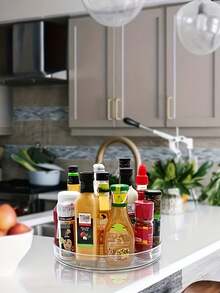 1 件透明塑料 Slouchy Susan 转盘，带凸起侧面 - 聚乙烯厨柜储物盒，不锈钢底座，节省空间的调味品和调味品储物柜，香料架 | 实用储物盒