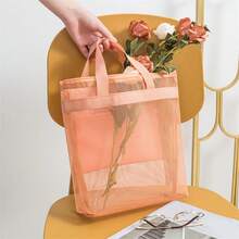 1pc Simple Mesh Fabric Beach Storage Bag, Portable Travel Toiletry Bag, Large Capacity Hollow Beach Tote Graduation - Orange - View 2