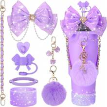 Accesorios con brillo para taza de 30oz, 40oz, 20oz con asa, incluye: tapa decorativa con lazo y pajita, pajita con lazo decorativo, correa de manija de botella de agua, funda de silicona para taza, cadena con dije, regalo ideal para el Día de San Valentín, Día de la Madre, útiles escolares