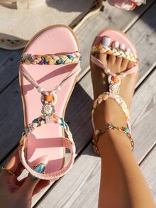 WRCVS Women's Light Pink Flat Sandals, National Style Woven Flat Shoes, Lightweight Prevent Slippery Beach Shoes, Handmade Beaded Floral Pattern Randomized Sandals, Suitable For Summer - Pink - View 2