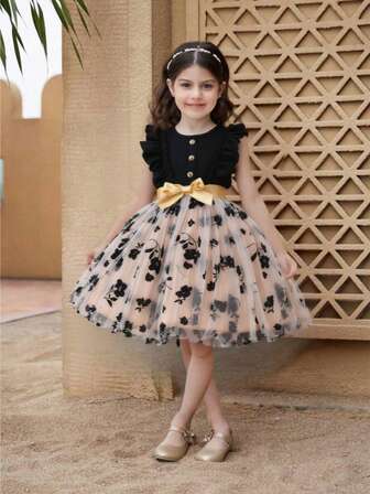 Vestido de fiesta elegante y con volantes de manga corta y sin mangas, con estampado floral de malla para niña, ropa de moda para niños