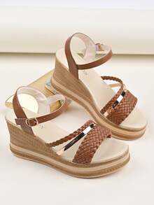 女士金色编织钻石般装饰厚底坡跟凉鞋，年轻时尚波西米亚风格休闲百搭假日坡跟厚底凉鞋 - 棕色 - 查看 8