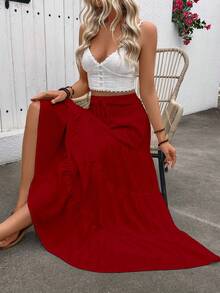 Rok Maxi Longgar Gaya Bohemian Wanita untuk Liburan Musim Gugur - Merah - View 5