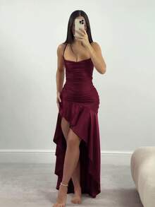 Elisanya WOWDARK 女式方领荷叶边露背 A 字连衣裙（秋季） - 酒紅色 - 查看 7