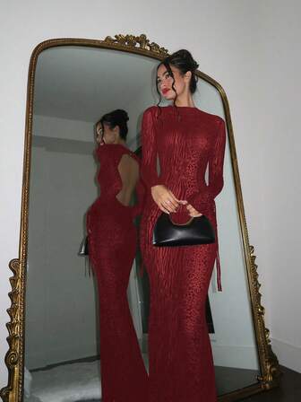 Vestido largo de manga larga elegante y con estampado de leopardo sexy y de moda