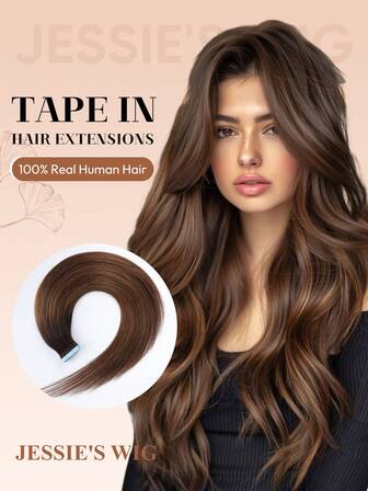 jessie's wig Jessies Perückenband Haarextensions Echthaar 20 Stücke/Packung 50g seidiger Glatthaar gebleicht hervorgehoben kastanienbraun Haarextensions mit Tape Blond TP2/6#