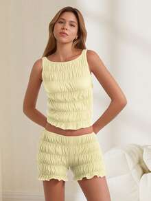 Women's 2 Piece Lounge Outfits Sleeveless Solid Color Ruched Tank Tops Shorts Sets - Yellow - View 1