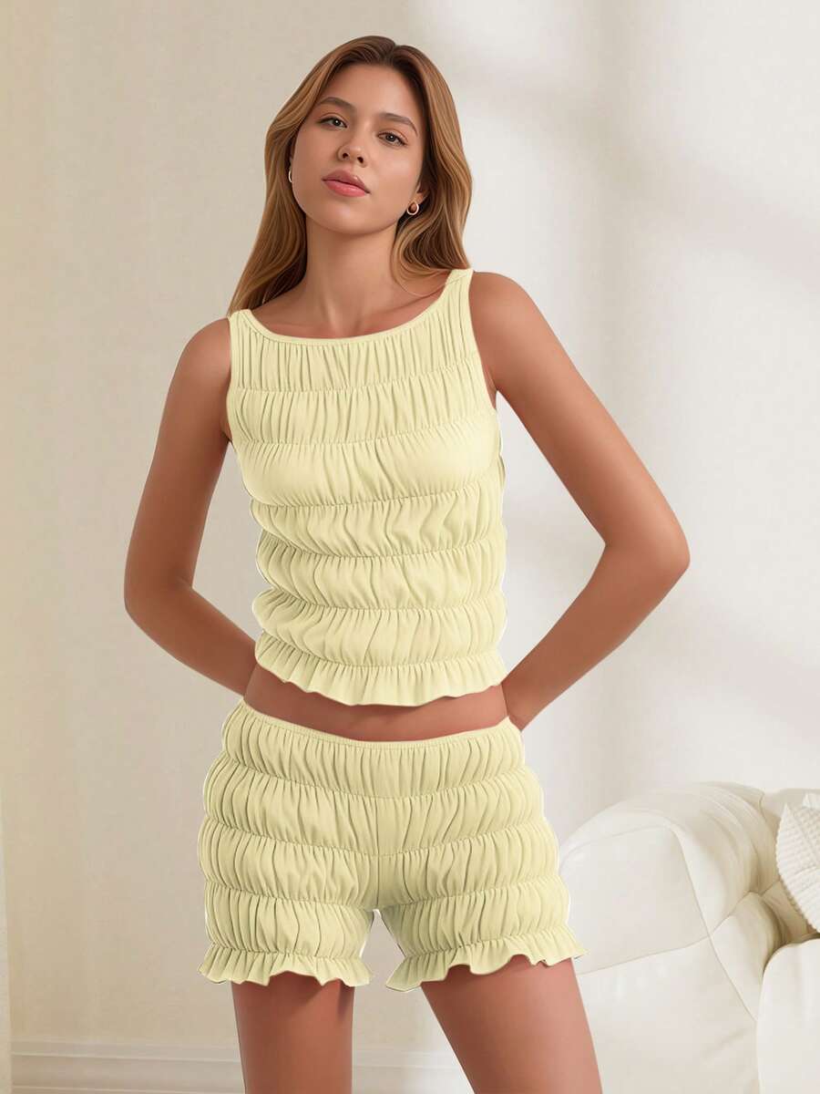 Women's 2 Piece Lounge Outfits Sleeveless Solid Color Ruched Tank Tops Shorts Sets - Yellow - View 1