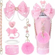 Accesorios con brillo para taza de 30oz, 40oz, 20oz con asa, incluye: tapa decorativa con lazo y pajita, pajita con lazo decorativo, correa de manija de botella de agua, funda de silicona para taza, cadena con dije, regalo ideal para el Día de San Valentín, Día de la Madre, útiles escolares