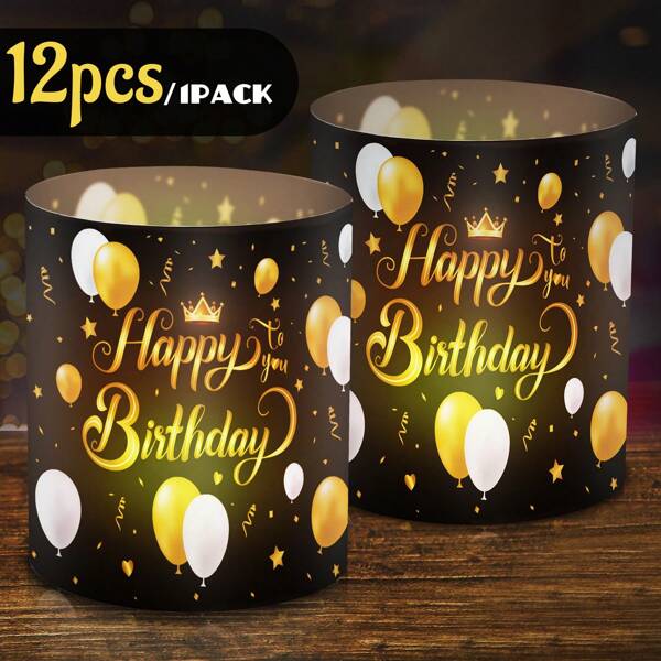 12-Piece Happy Birthday Candle Holders Set, Black And Gold Festive Tabletop Decor, Plastic Glowing Tea Light Shades For Birthday Party Decoration, No Candles - Party Supplies