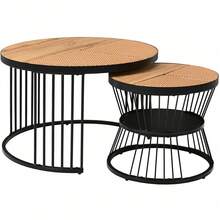 Coffee Table Set Of 2 With Rattan Look, Round, Gold Frame, Stable Design, Practical Storage Space In The Small Table