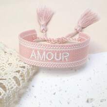 1pc Hand-Embroidered "AMOUR" Creative Handmade Woven French Style Vintage Bracelet, Suitable For Couple Gift, Holiday Gift - Baby Pink - View 6