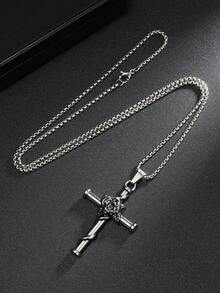 1pc Casual Rose Cross Pendant Necklace Suitable For Men & Women, Stainless Steel Jewelry, Cross Necklace, Vintage Simple Design Long Stainless Steel Pendant, Family Holiday Gift, Daily Wear For Men & Women - Antique Silver - View 7