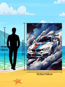 1pc Modern Blue And White Sports Car Beach Towel, Tropical Print Beach Towels, Large Beach Towel, Beach Blanket, Microfiber Towel, Picnic Mat 2-In-1 Oversized Polyester Beach Blanket, Sand Resistant Quick Drying Towel, Summer Travel Essentials, Playa,Camping, Bathroom, Swimming Pool, Beach Essentials, Bathroom Bath Towel, Cruise Ship Essentials, Beach Accessories, Hawaii,Birthday Present. Holiday Bathroom Decor