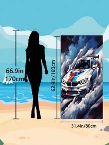 1pc Modern Blue And White Sports Car Beach Towel, Tropical Print Beach Towels, Large Beach Towel, Beach Blanket, Microfiber Towel, Picnic Mat 2-In-1 Oversized Polyester Beach Blanket, Sand Resistant Quick Drying Towel, Summer Travel Essentials, Playa,Camping, Bathroom, Swimming Pool, Beach Essentials, Bathroom Bath Towel, Cruise Ship Essentials, Beach Accessories, Hawaii,Birthday Present. Holiday Bathroom Decor