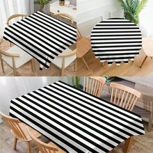 1pc Black & White Geometric Stripe Pattern Printed Tablecloth, Modern Style Polyester Fiber Rectangular & Round Tablecloth, Digital Printed Tablecloth Suitable For Living Room Home Use, Outdoor Dining Table, Small Round Table - Black and White - View 2