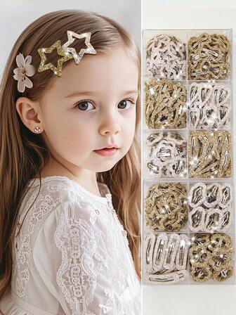 20 件儿童女孩闪光星星、心形、流星、水滴、云朵、蝴蝶结、泰迪熊风格发夹，可爱公主装饰，适合日常使用