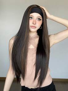 26Inch Long Synthetic Brown Interlaced( Black)Highlight Wig Headband, Heat Resistant Silky Straight Headband Wigs For Women, Christmas Halloween Festival Wig, Daily Party Cosplay - Piano Color - View 5