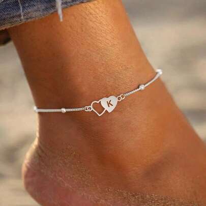 1pc Classic Minimalist Hollow Double Heart & Letter Design Silver Stainless Steel Beaded Anklet, Women