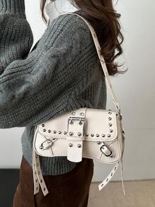 Bolso de mujer con tachuelas de moda, bolso de hombro, bolso de sobaco, bolso en forma de media luna, bolso con cadena de motociclista - Blanco - Ver 5