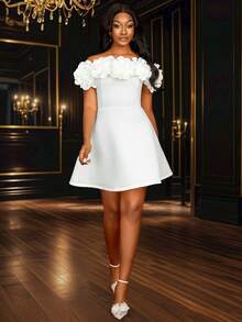 Vestido corto mini sin tirantes de flores 3D aplicadas en blanco para mujer - Vestido de novia, vestido de graduación