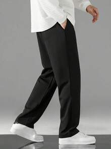 1pc Tween Boys' Casual Solid Color Toothpick Pleated Decor Sports Outdoor Waffle Straight Leg Pants, Spring/Autumn - Black - View 3