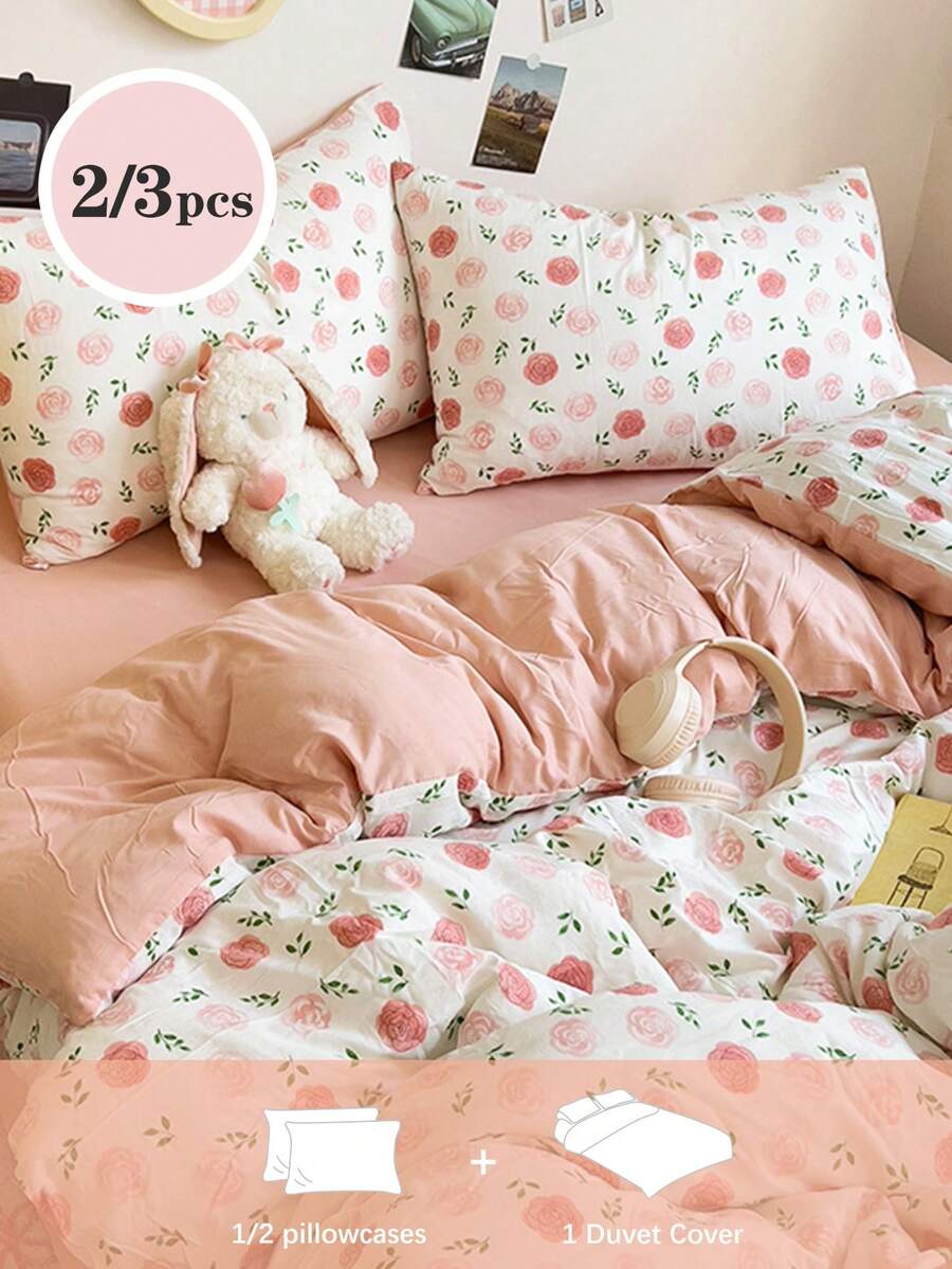 2/3pcs Pink Roses, Valentine's Day, Wedding,Floral Duvet Cover Set, Bedding, Super Soft And Skin-Friendly Duvet Cover, Washed Duvet Cover, Floral Printed Pattern Comforter Set And Pillow Case, Quilt Core Not Included, Fits For Twin Full King Queen All Size Beds, Suitable For All Seasons, Home Decoration, Bedding Gifts, Machine Washable - Pink - View 1