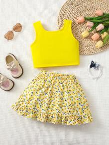 Conjunto de 2 piezas de chaleco y falda para niña con decoración de volantes, conjunto de falda casual de fiesta de verano
