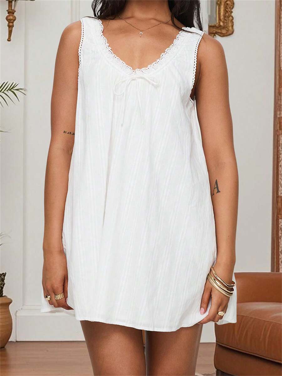 Women Y2k Maternity Babydoll Tank Dress Lace Patchwork V-Neck Flowy Mini Dress Summer A-Line Sundress For Beach Party - 白色 - 查看 1