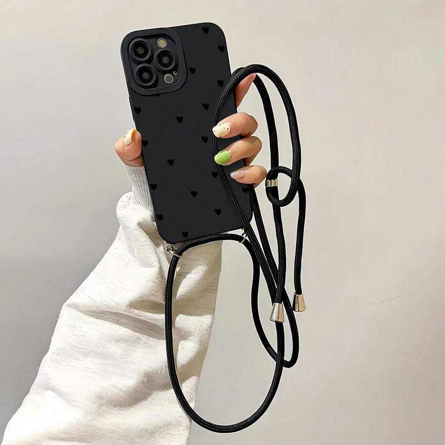 New Full Protective Shock-Proof Black Heartshape Pattern Phone Case Lanyard Compatible With IPhone 16, 15, 14, 13, 12, 11 Pro Max, XS, XR, 7, 8, SE2, SE3 And Series Waterproof Anti-Fall Scratch Resistant - Multicolor - View 1