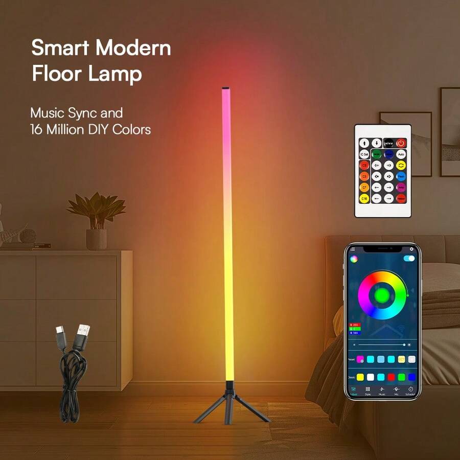 USB Powered Floor Atmosphere Lamp, With Remote Control Floor Lamp Ambient Light Color Change Vertical Floor Lamp LED Corner Lamp Intelligent Modern Floor Lamp Suitable For Living Room, Bedroom, Easy To Install, RGB Floor Lamp Built-In Highly Sensitive Microphone And Music Mode, White Light Lighting Mode - 彩色 - 查看 1