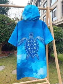 1 Peça Capa de Praia com Capuz em Microfibra de Secagem Rápida para Crianças/Meninos, Tema Oceânico, Tamanho Ampliado, À Prova de Vento, Quente e Absorvente para Surfe, Piscina, Praia, com Estampas de Tartaruga do Mar, Baleia, Tubarão