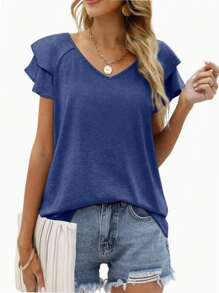 hupos Women's Summer Loose Fit T-Shirt Top Ruffled Sleeve Business Casual Women's Shirt V-Neck Shirt