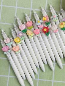 1/5pcs Cute Floral Press Type Ballpoint Pens, High Quality Translucent Girls Ballpoint Pens, Cartoon Press Pens, Stationery, School & Office Supplies, Student Gifts (Random Colors), Back To School