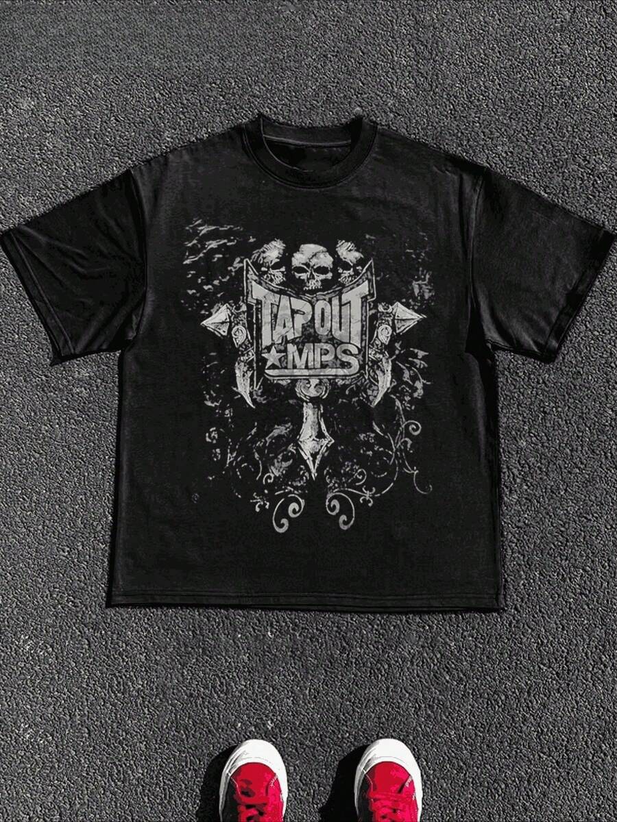 Tapout MPS Skull Graphic Athletic Crew Neck Short Sleeve T Shirt 1Pcs 100% Cotton Digital Print 220g Heavyweight T Shirt - 黑色 - 查看 1