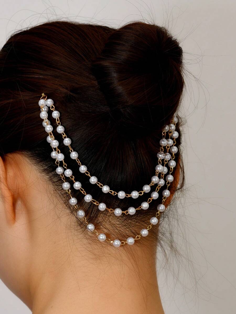 1 chiếc băng đô cài tóc tua rua nhiều lớp đính ngọc trai giả kèm kẹp tóc đôi đính ngọc trai giả, phụ kiện tóc cô dâu, phụ kiện tóc, trang sức đội đầu, dây đeo đầu, trang sức tóc, đám cưới, cô dâu tương lai