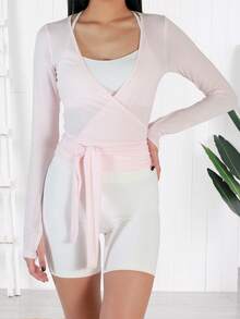 Balletcore Solid Wrap Top For Women - Stylish V Neck Slim Fit Long Sleeve Yoga Shirt, Aesthetic Dance Inspired Workout Tee, Chic Streetwear - 粉色 - 查看 4