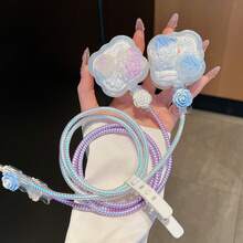 Peony Flower Blue & Purple USB Charger Protector Case, Suitable For UK 20W Charging Cable, Anti-Bend, Simple & Transparent Charging Adapter Cover Cable Protector - Multicolor - View 2