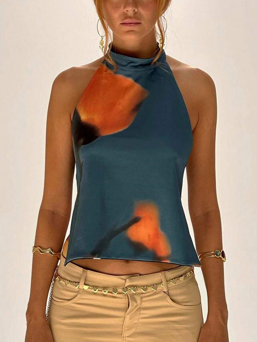 Women Y2k Floral Tie Top Coquette Boho Bow Backless Sleeveless Tank Top Summer Going Out Cami Top Fairy Streetwear - 霧霾藍 - 查看 1