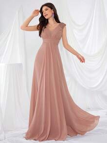 UNITHORSE V-Neck Ruffle Sleeve Pleated Leaf Net Mesh Splice Party Evening Dress (Random Cut), Bride Dress, Birthday Women Outfits, Graduation Dress, Formal Dress,Bridesmaid Dress - Dusty Pink - View 7