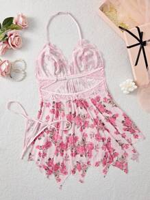 Vestido de encaje y estampado floral con tiras de malla para mujer de talla grande y sexy