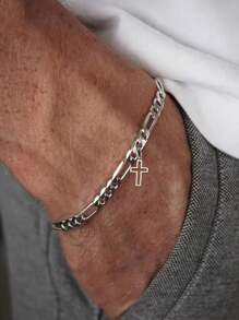 1pc Minimalist Hollow Cross Pendant Stainless Steel Chain Bracelet, Gift For Men Daily Wear