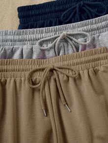 3 piezas Pantalones cortos deportivos de cintura elástica de unicolor - Caqui - Ver 3